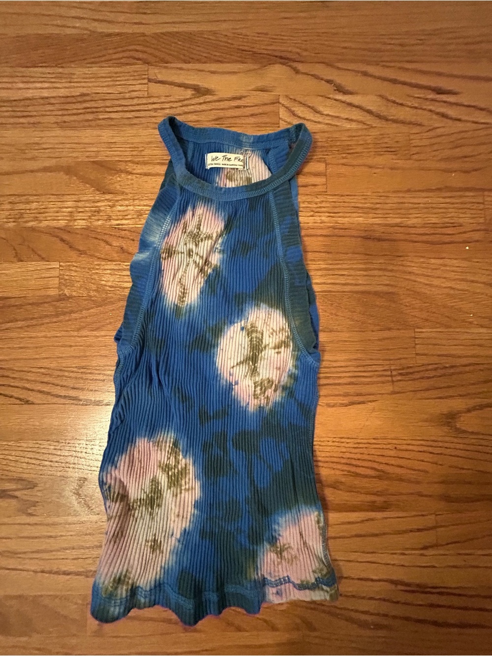 We The Free Blue Tie-Dye Ribbed High Neck Tank with Pink & Green Accents